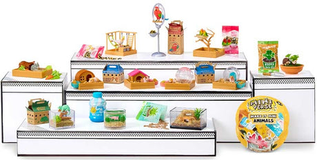 Full MGA Miniverse Make It Mini Animals collection displayed on shelves showing all miniature pet shop habitat scenes