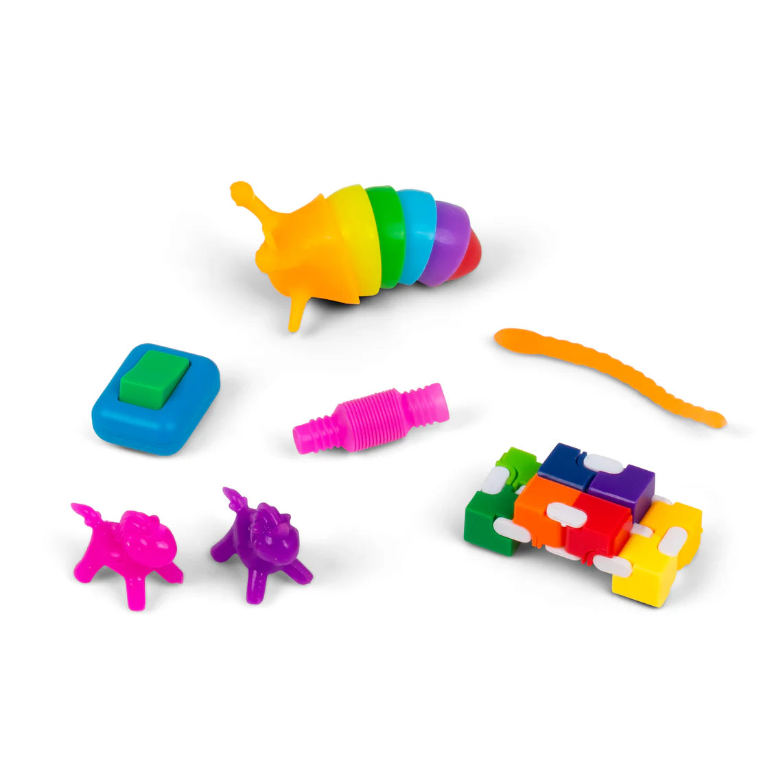 Flatlay of all Micro Fidgetz Series 2 items including fidget slug, clicker, pop tube, worm, unicorns and infinity cube