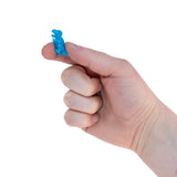 Adult thumb holding a tiny blue T-rex micro dinosaur fidget