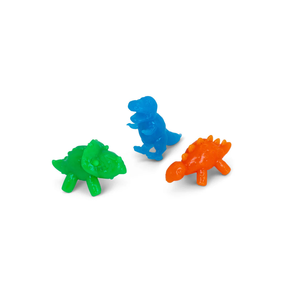 Three micro dinosaur fidget figures in green, blue and orange on a white background