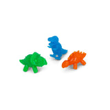 Three micro dinosaur fidget figures in green, blue and orange on a white background
