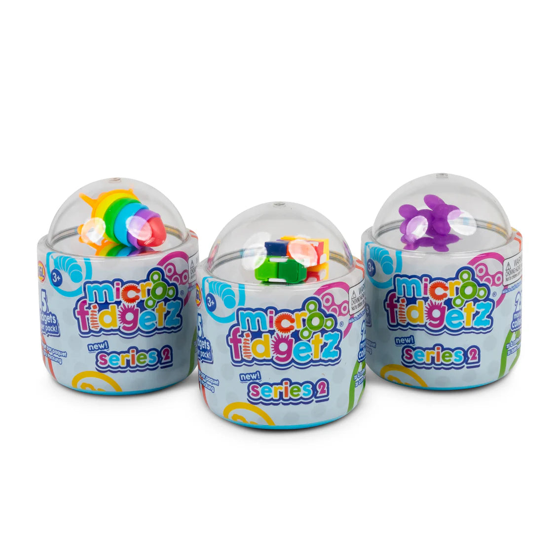 Three Micro Fidgetz Series 2 tubs displayed front-on showing Series 2 branding and dome packaging