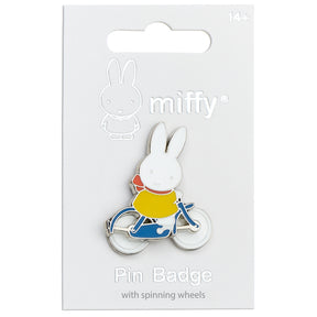 Official Miffy on bicycle enamel pin badge with spinning wheels, on backing card