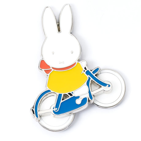Official Miffy on bicycle enamel pin badge with spinning wheels, front view