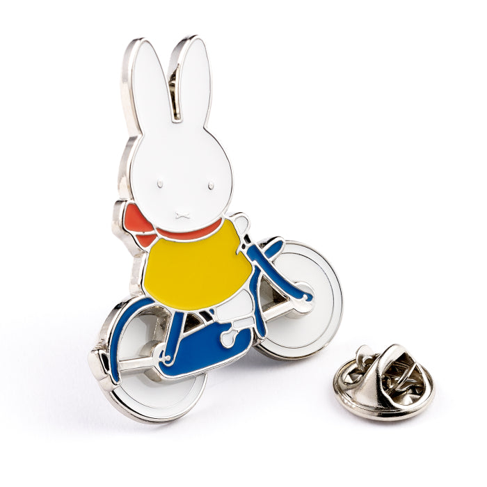 Official Miffy on bicycle spinning wheels pin badge, side view with butterfly clasp