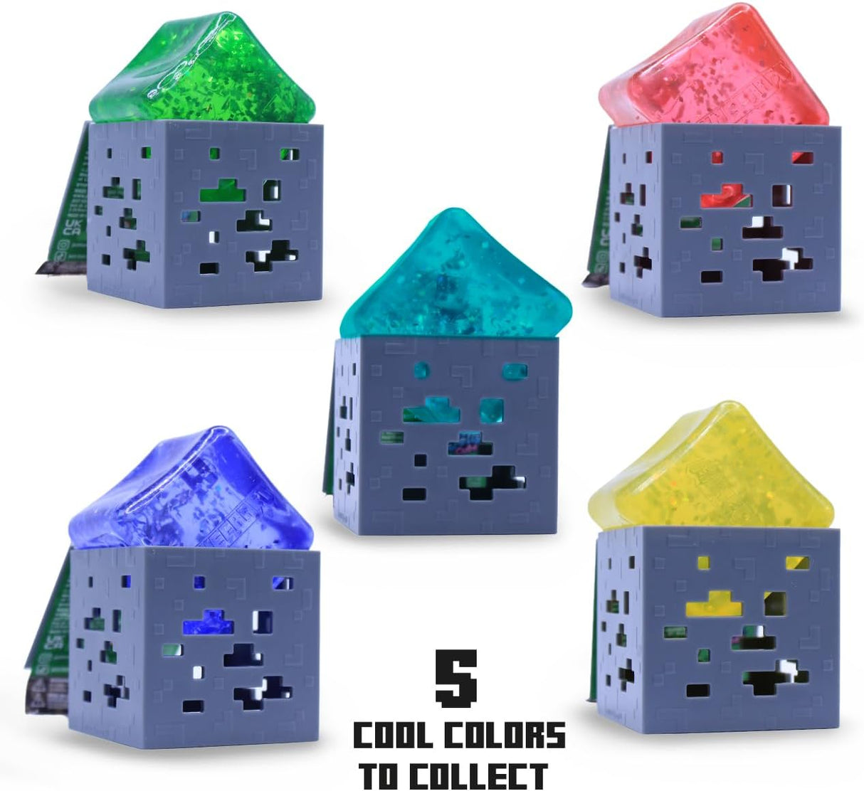 Minecraft Jelly SquishMe blind box packaging, five cube colours, collectible sensory toy