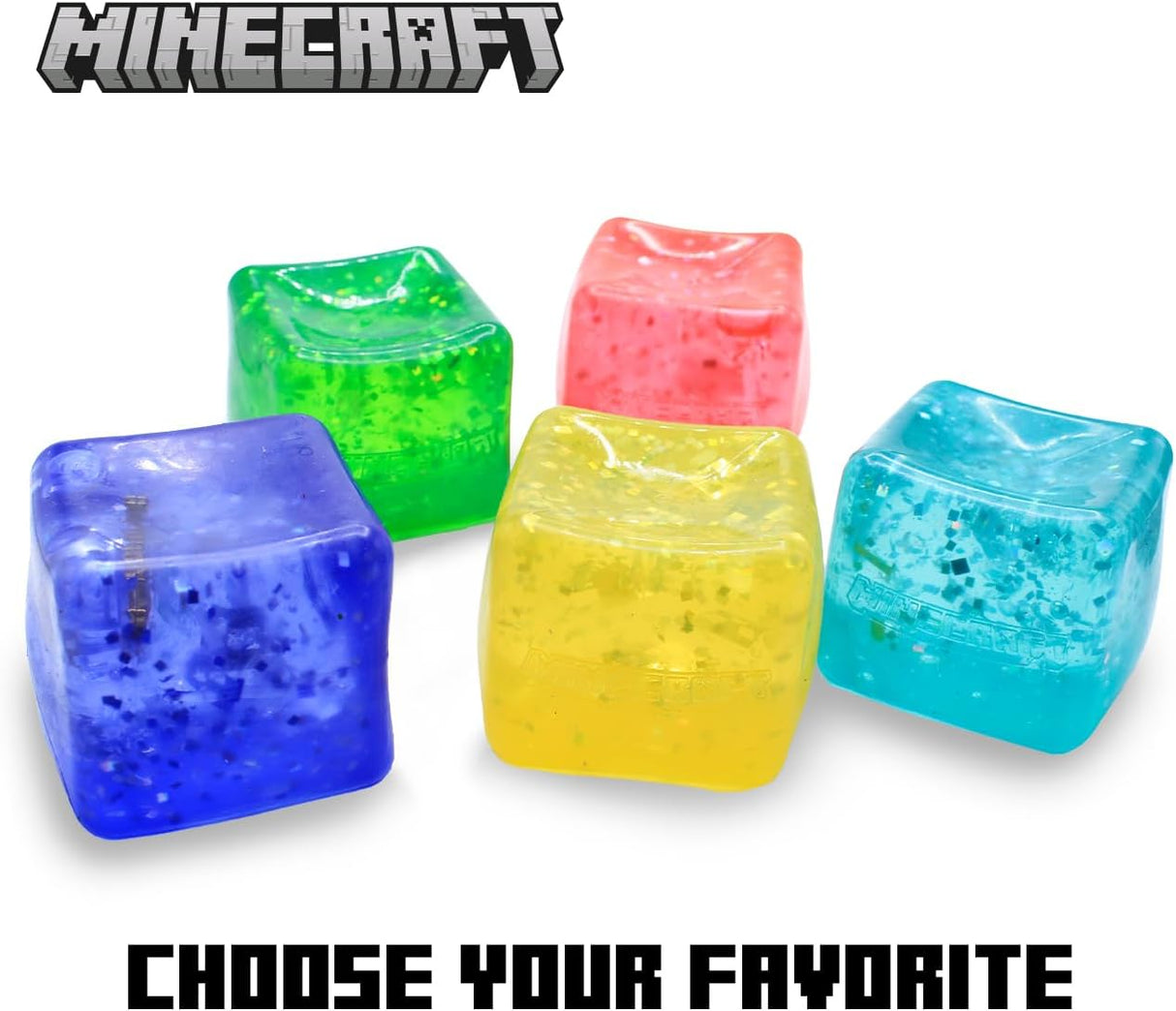 Minecraft Jelly SquishMe fidget toy, five glitter cube colours, sensory squishy collectible