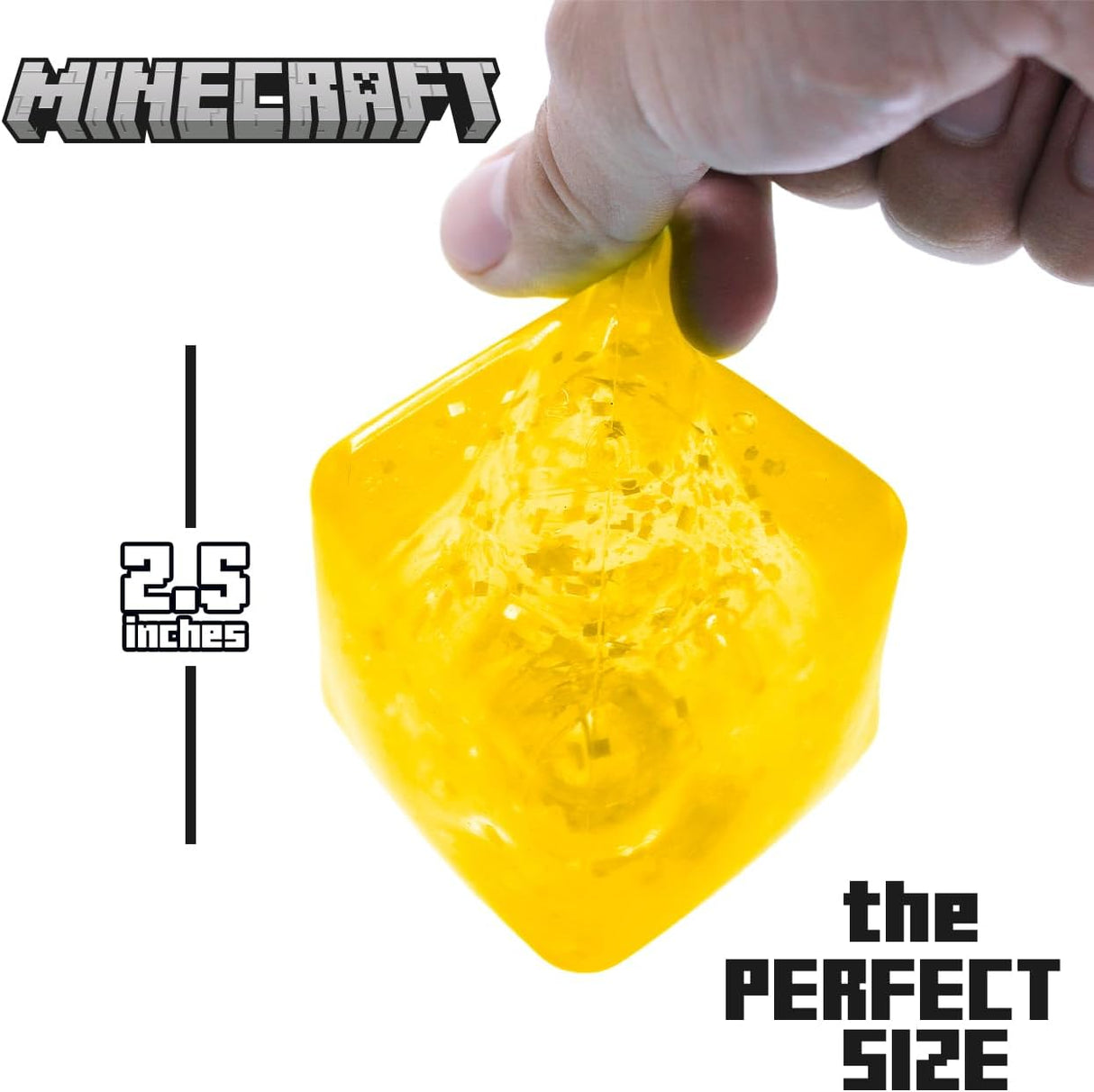 Yellow Minecraft Jelly SquishMe cube pulled, 2.5 inch squishy sensory fidget toy
