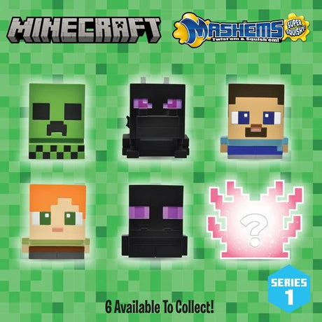 Minecraft Mashems Twister & Squigglion Super Squigly Series 1 collectible sticker pack featuring six blocky Minecraft character and creature designs on a green pixelated background, with Minecraft and Mashems logos at the top.