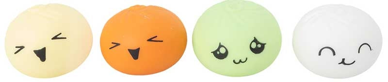 Four mini bao buddies squish toys in cream orange green and white showing facial expressions