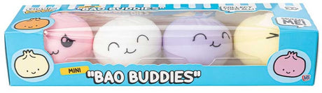 Mini Bao Buddies 4 pack squish toys in pink, white, purple and yellow in box packaging