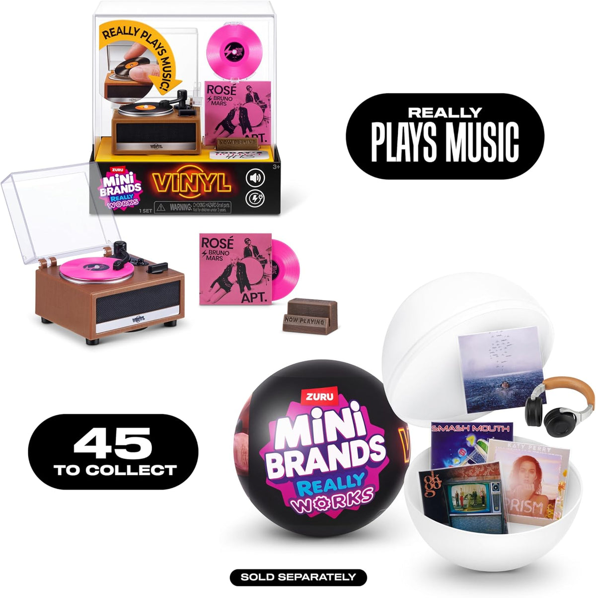 Mini Brands Really Works Vinyl playset box with unboxed record player, pink vinyl and stand