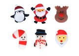 Six mini Christmas squishy toys including Santa, reindeer, penguin and snowman designs