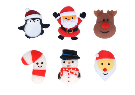 Six mini Christmas squishy toys including Santa, reindeer, penguin and snowman designs