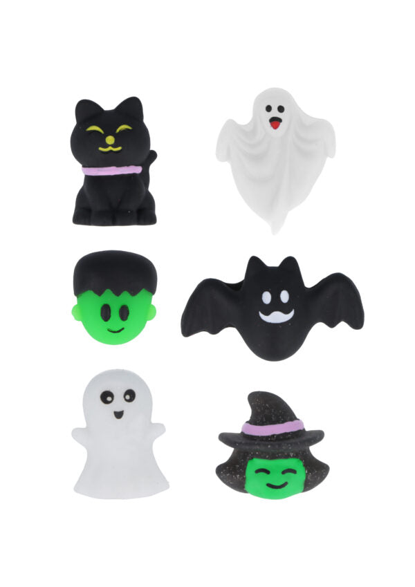 Six mini Halloween squishy toys including black cat, ghost, bat and witch designs
