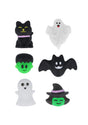 Six mini Halloween squishy toys including black cat, ghost, bat and witch designs