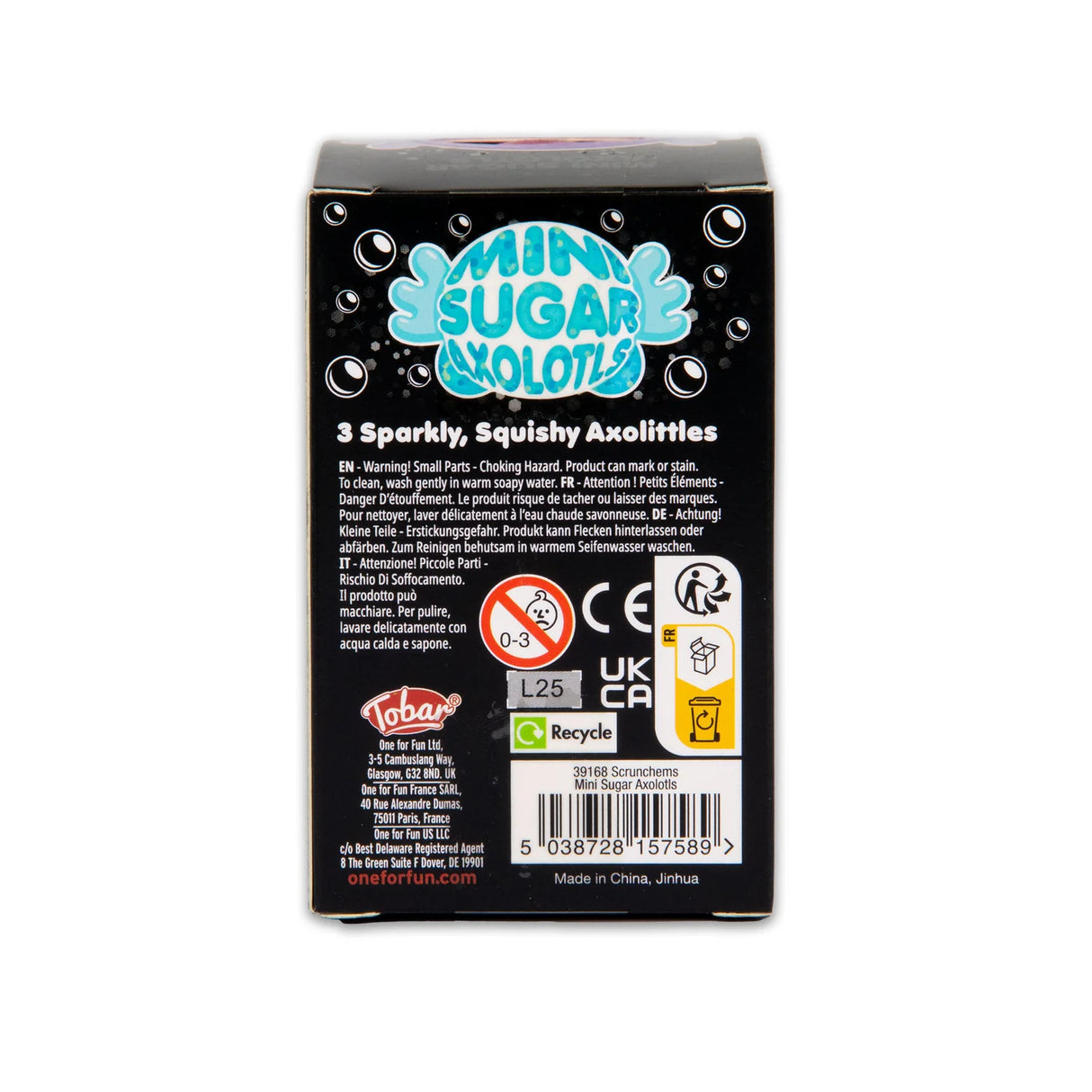 Back of Mini Sugar Axolotls retail box showing product name and multilingual safety warnings