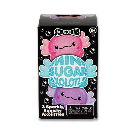 Front of Mini Sugar Axolotls retail box showing product name and pink and purple axolotl characters