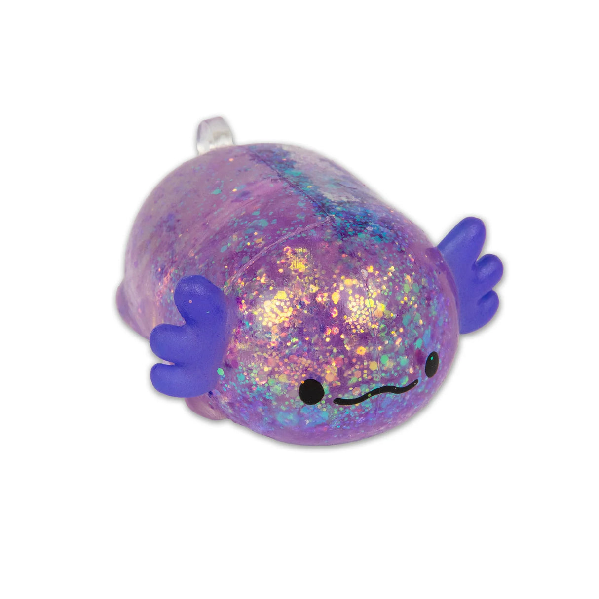 Purple glitter axolotl squishy lying on white background showing iridescent gel body