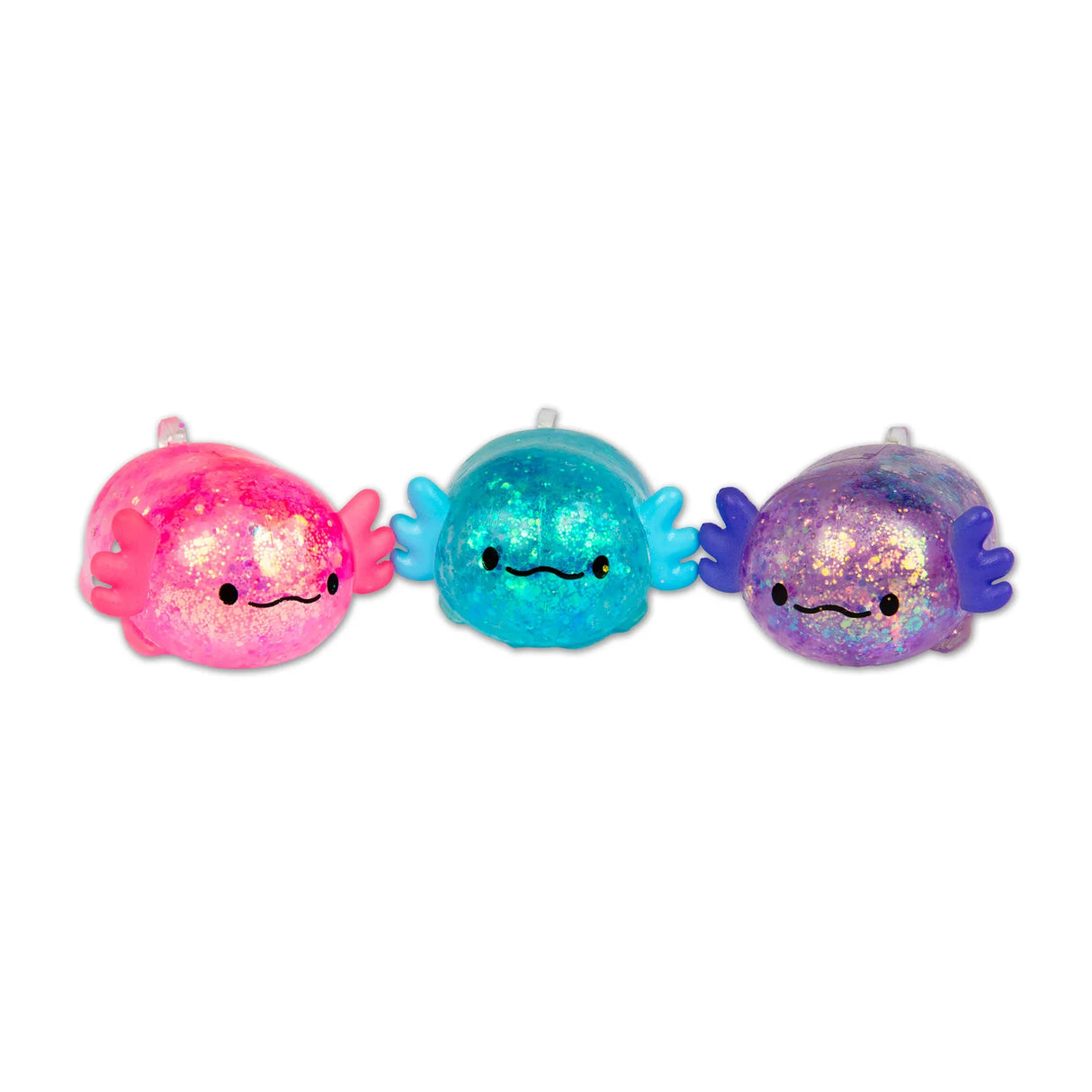 Pink, blue and purple glitter axolotl squishies displayed together in a row