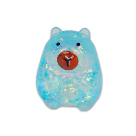 Blue iridescent glitter gel capybara squishy on white background showing sparkly gel body and red nose detail