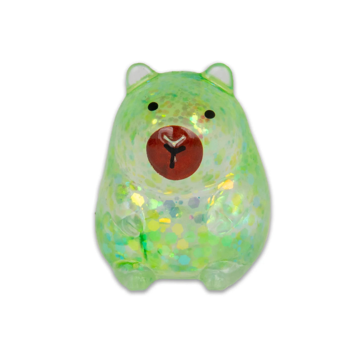 Green iridescent glitter gel capybara squishy on white background showing holographic sparkle finish