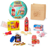 MGA Miniverse Real Brands Series 1 blind ball capsule surrounded by a full spread of miniature collectibles including Pringles, Planters, Smucker's, Popsicle, and Hostess Snoballs