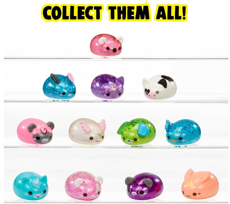 Full Series 1 Moj Moj Original Crunch collection showing all 12 kawaii characters on display shelves
