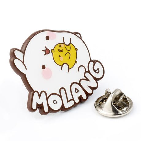 Official Molang and Piu Piu logo enamel pin badge, angled view with butterfly clasp