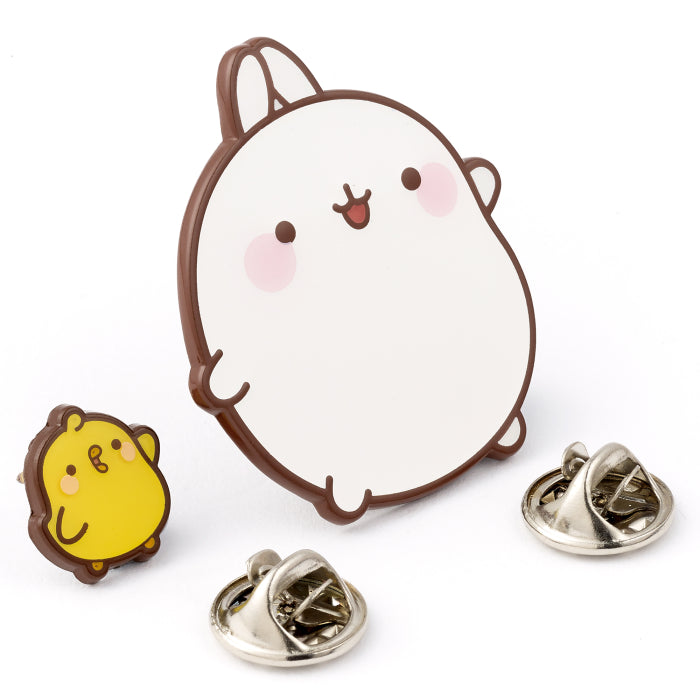 Official Molang and Piu Piu kawaii enamel pin badge set, back view with butterfly clasps