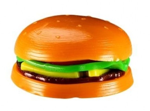 Mushmeez burger taba squishy with layered orange bun, brown patty and green lettuce compound