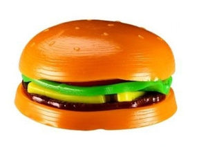 Mushmeez burger taba squishy with layered orange bun, brown patty and green lettuce compound