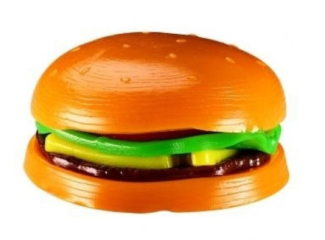Mushmeez burger taba squishy with layered orange bun, brown patty and green lettuce compound