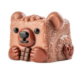 MushyKinz Button the Bear taba squishy, brown sensory fidget toy holding chocolate bar