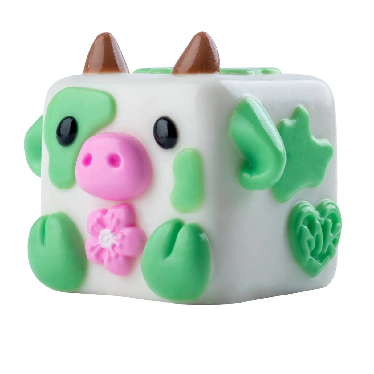 MushyKinz Chip the Cow taba squishy, white and green sensory fidget toy with flower