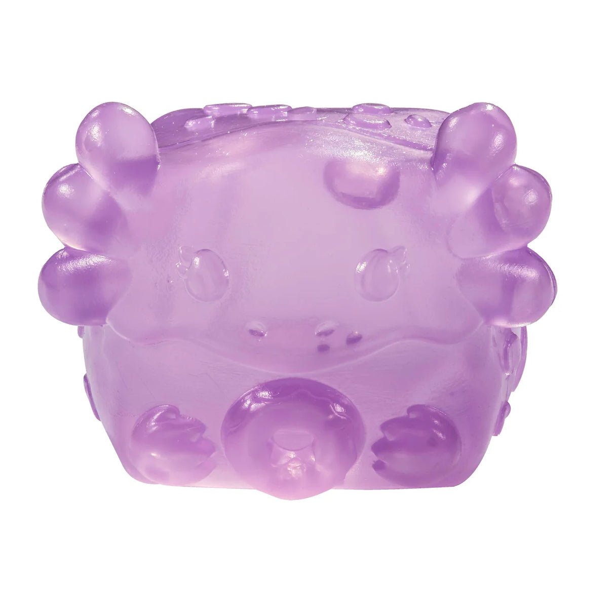 Purple translucent MushyKinz Jelleez axolotl squishy covered in raised bubble details