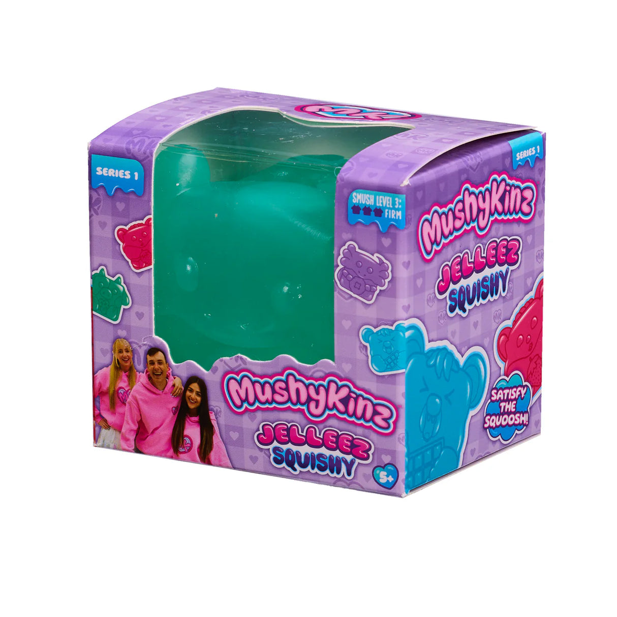 Angled view of MushyKinz Jelleez Squishy box showing purple packaging with window cutout and Smush Level 3 rating
