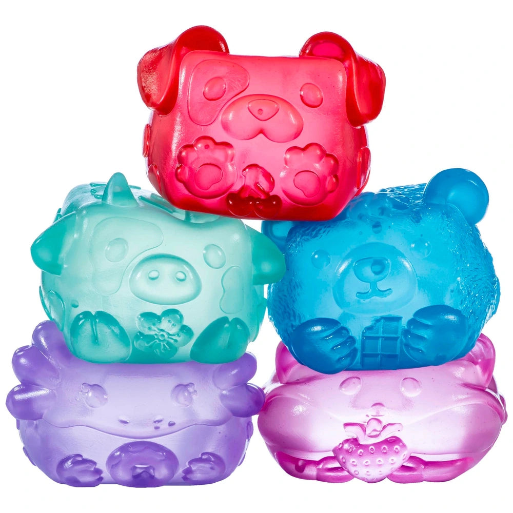 Five MushyKinz Jelleez squishies stacked together showing the full range of characters and jelly colours
