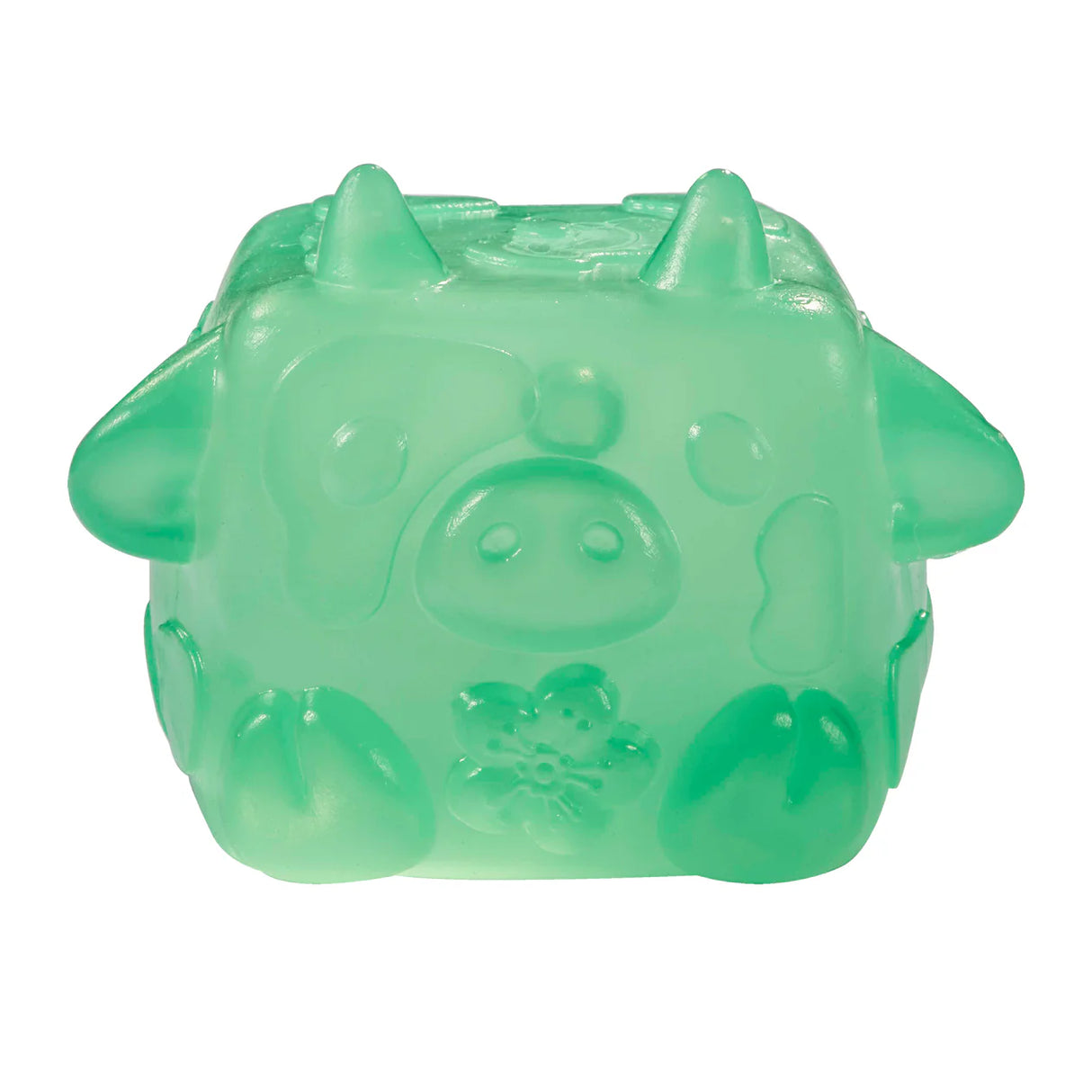 Green translucent MushyKinz Jelleez cow squishy with horns and flower detail