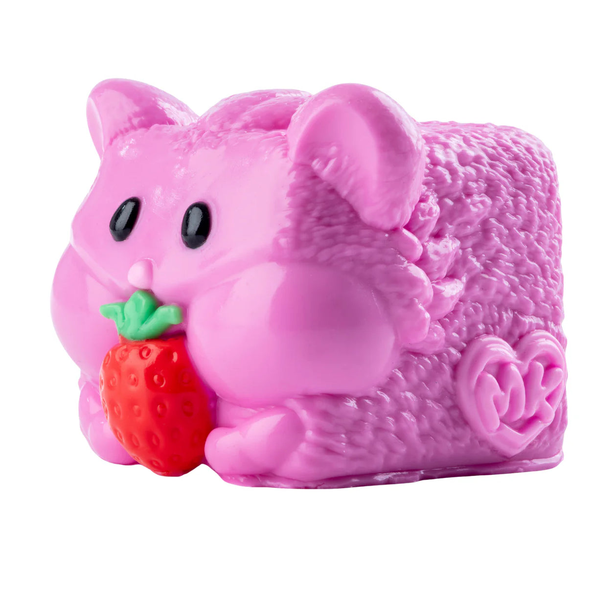 MushyKinz Rosy the Hamster taba squishy, pink sensory fidget toy holding strawberry