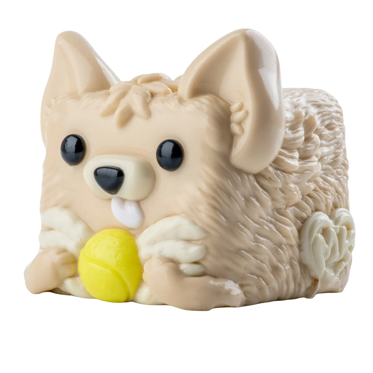 MushyKinz Scout the Chihuahua taba squishy, tan sensory fidget toy holding tennis ball