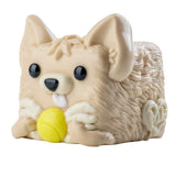 MushyKinz Scout the Chihuahua taba squishy, tan sensory fidget toy holding tennis ball