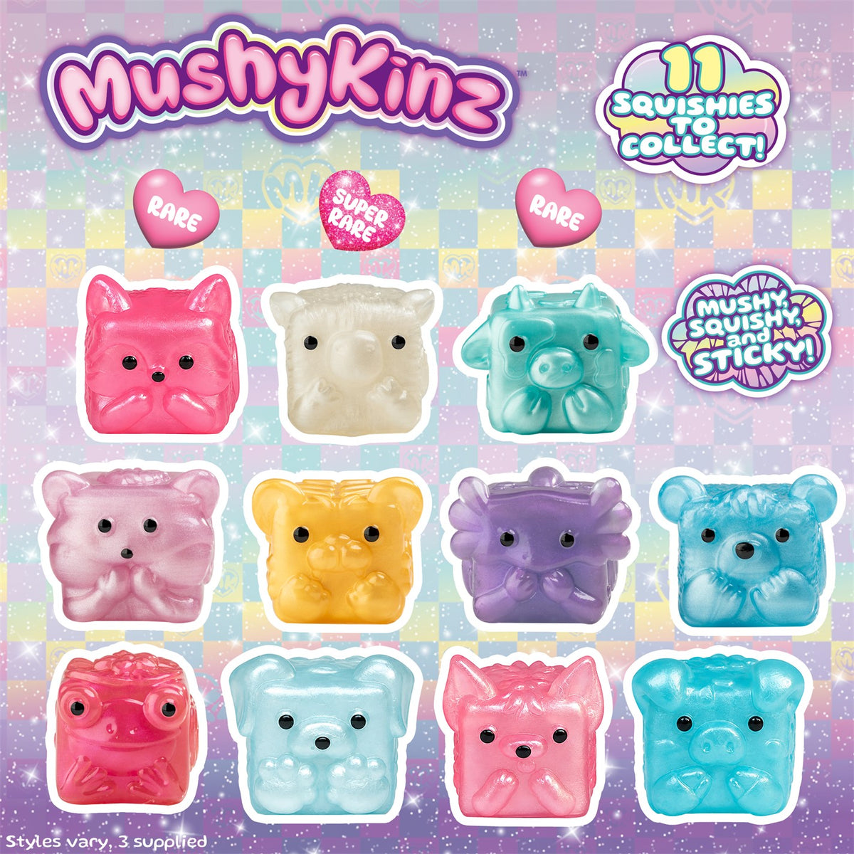 MushyKinz 11 Squishies to Collect! set featuring 12 cute animal-shaped squishies in pink, white, teal, yellow, purple, and blue, displayed on a pastel checkered background with character branding.