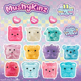 MushyKinz 11 Squishies to Collect! set featuring 12 cute animal-shaped squishies in pink, white, teal, yellow, purple, and blue, displayed on a pastel checkered background with character branding.