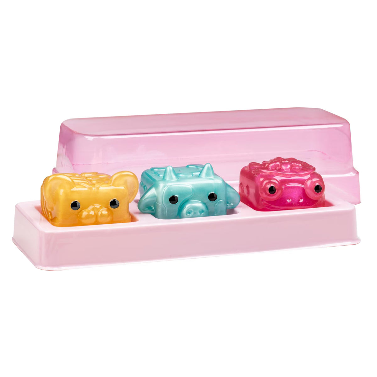 Three small animal-shaped toy figures in yellow, aqua, and pink, arranged in a pink tray with a translucent pink lid on a white background.