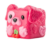 MushyKinz Shirley the Dog taba squishy, pink sensory fidget toy holding cherries