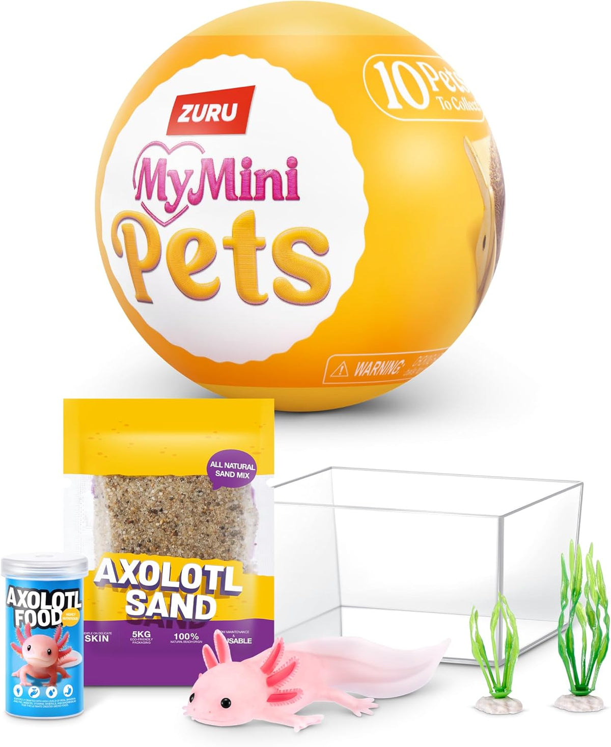 My Mini Pets capsule with pink axolotl, clear tank, sand bag, food tub and plants