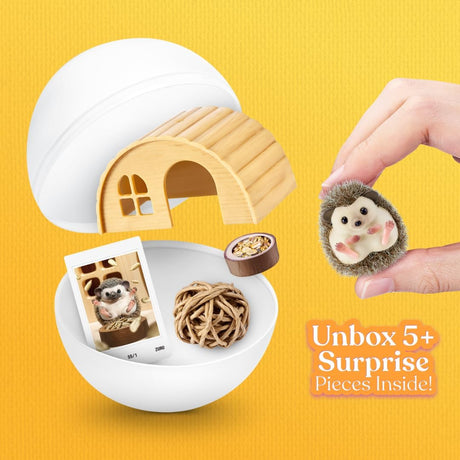 Opened My Mini Pets capsule with flocked hedgehog, wooden hide, food bowl and photo card