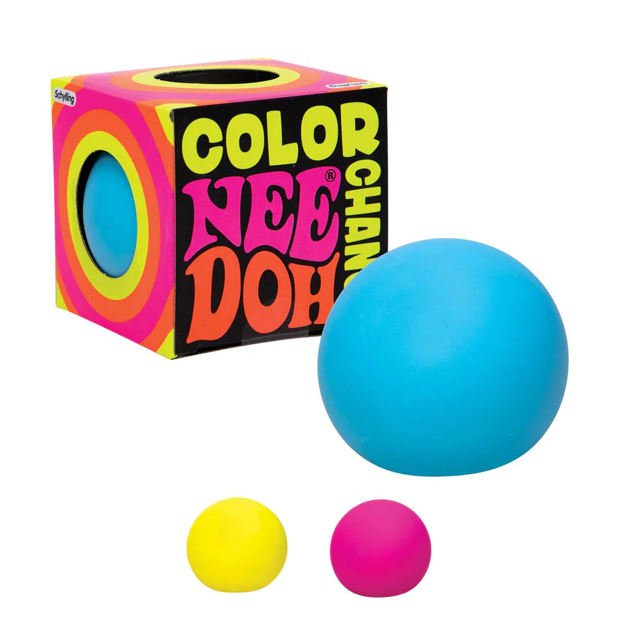 Blue Nee Doh Colour Change squish ball displayed alongside its neon retro box with small yellow and pink balls