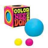 Blue Nee Doh Colour Change squish ball displayed alongside its neon retro box with small yellow and pink balls